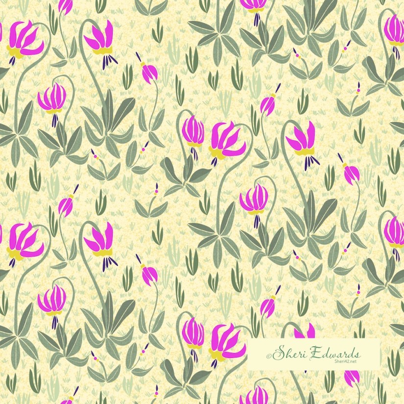 Illustrated pattern of Shooting Star flowers in a meadow in Affinity Designer by Sheri42