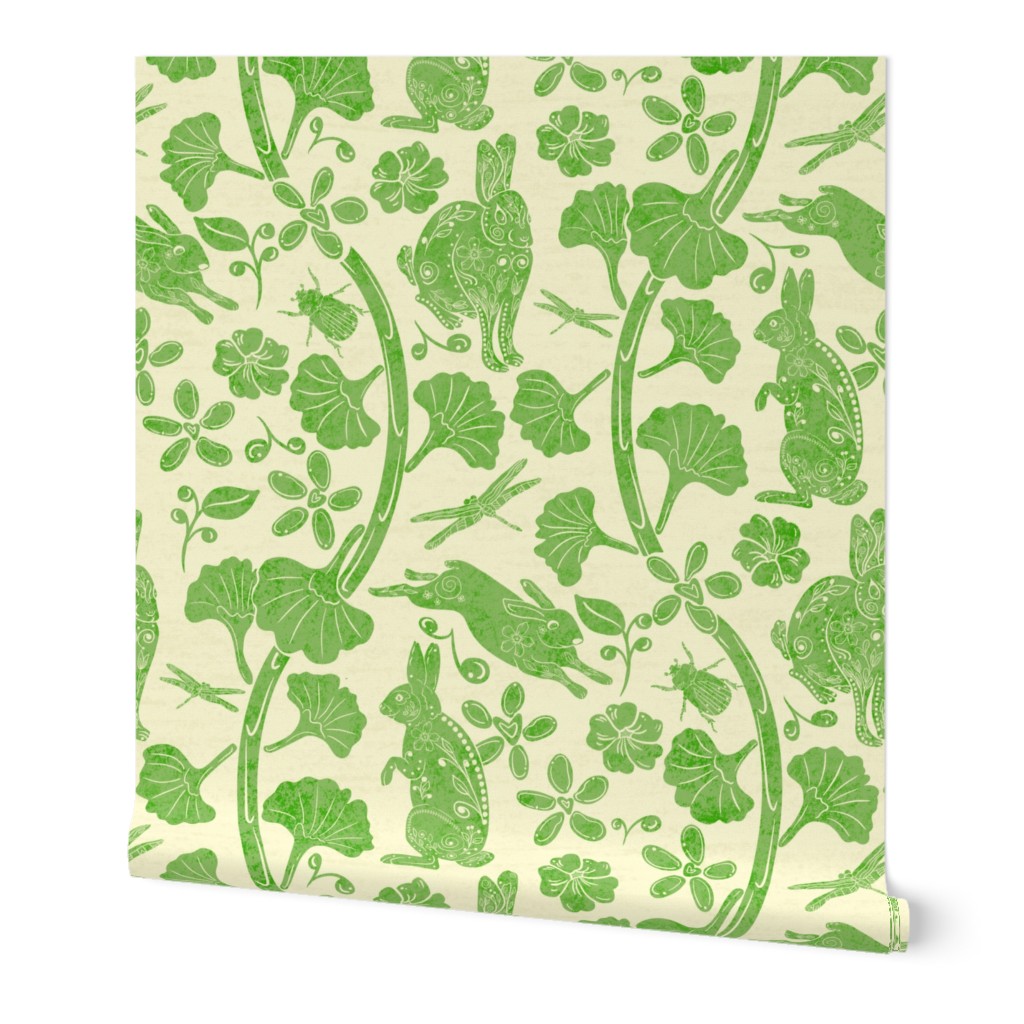 wallpaper - Bunnies, Bugs among the Gingko in Traditional Folk Art in wavy lines heritage design