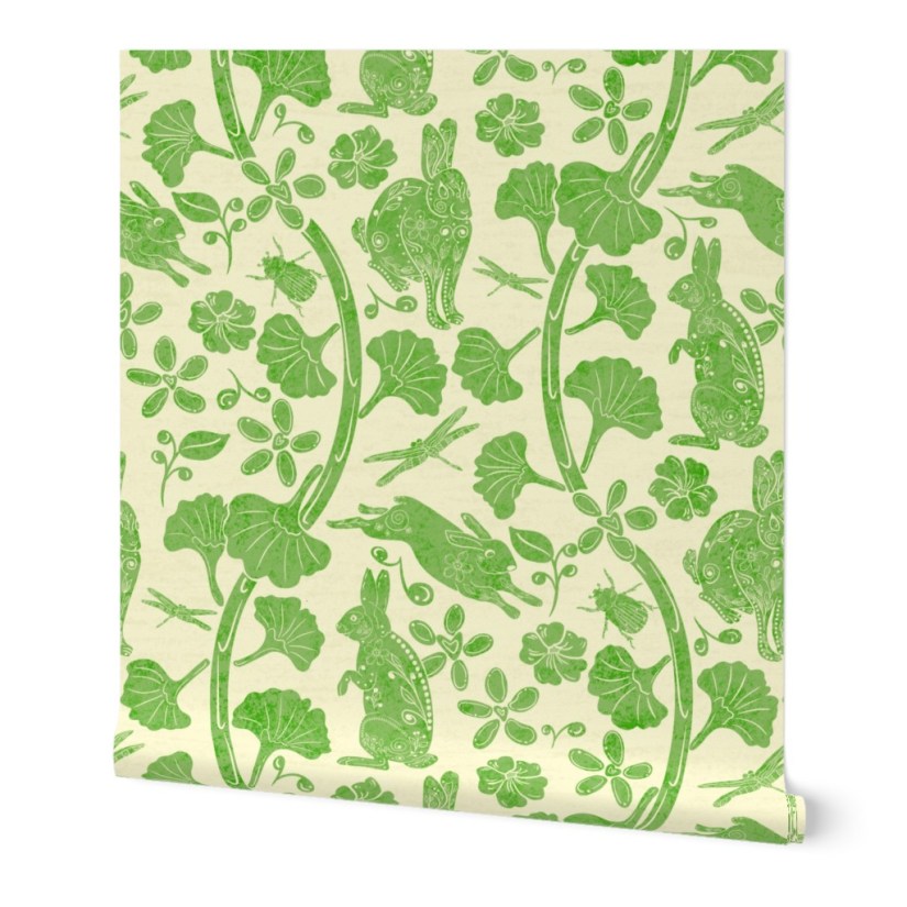 wallpaper - Bunnies, Bugs among the Gingko in Traditional Folk Art in wavy lines heritage design