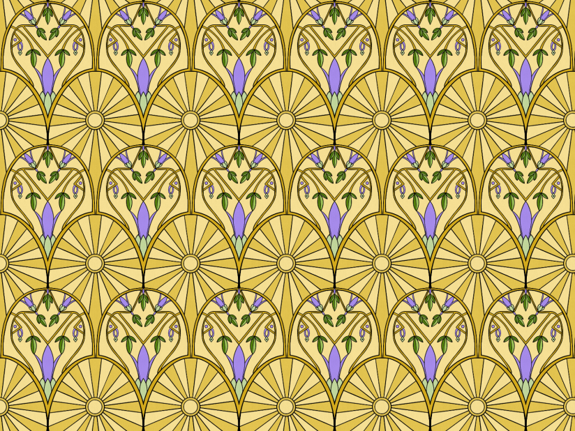 Sheri42 Art Deco Design: Bold Art Deco Sunburst Tulips Home Decor with Roaring 20s shine in a vibrant yellow sunburst surrounding bold purple, symmetrical tulips in sleek lines that radiate extravagance Sweeping curves on a shell design enhance the geometrical sunburst that warms the blooming tulips, an art deco arch that reflects the era of the 20s.