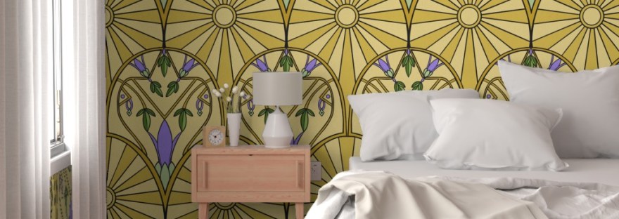 Wallpaper mockup of Bold Art Deco Sunburst Tulips by Sheri42 Home Decor with Roaring 20s shine in a vibrant yellow sunburst surrounding bold purple, symmetrical tulips in sleek lines that radiate extravagance