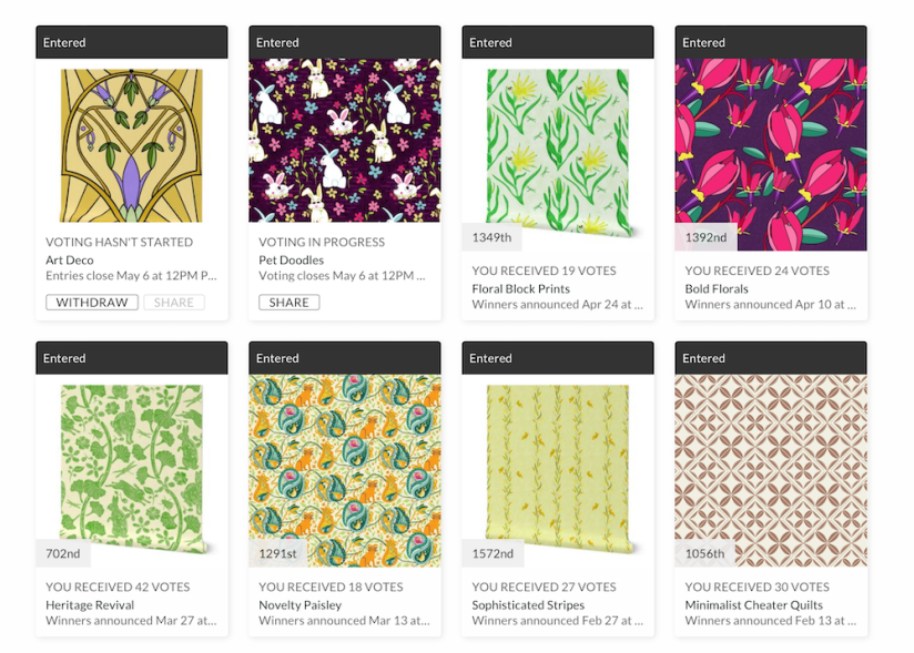 eight entries by Sheri42 in the Spoonflower Design Challenges