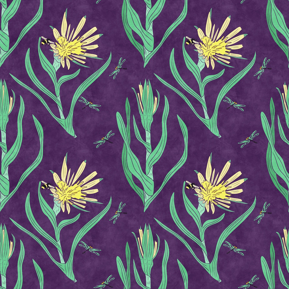 block print yellow salsify in purple background by Sheri42