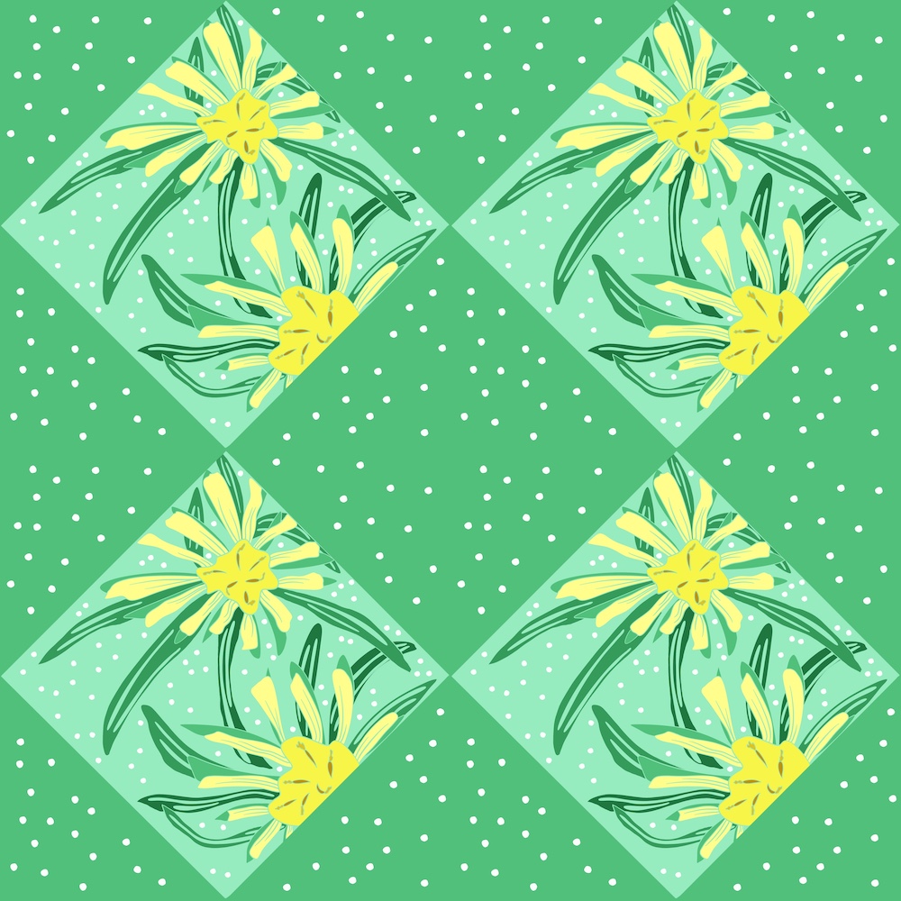 block print yellow salsify in green background and diamond blocks no texture yet by Sheri42