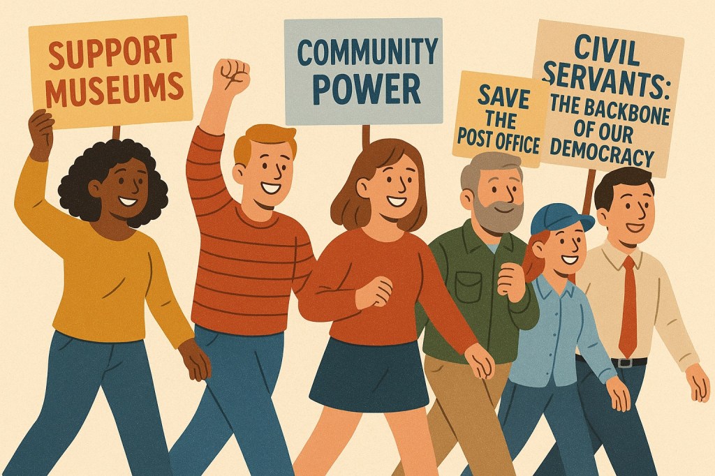 AI generated image from ChatGPT; an illustration of people walking in support of causes, and signs indicate: support museums, community power, save the post office, civil servants: the backbone of our democracy.