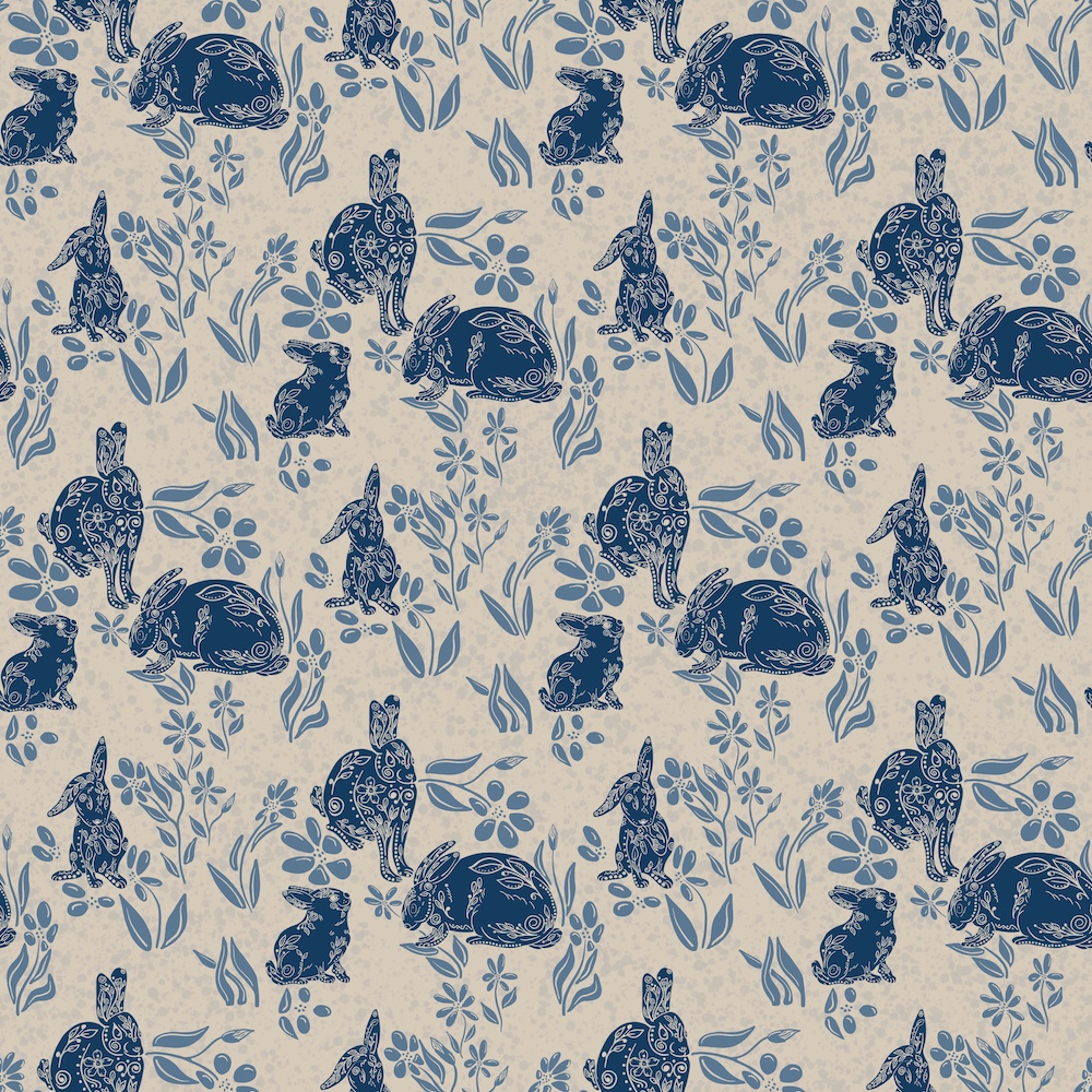 two color blues toile de jouy folk art rabbit design by Sheri42 - darker