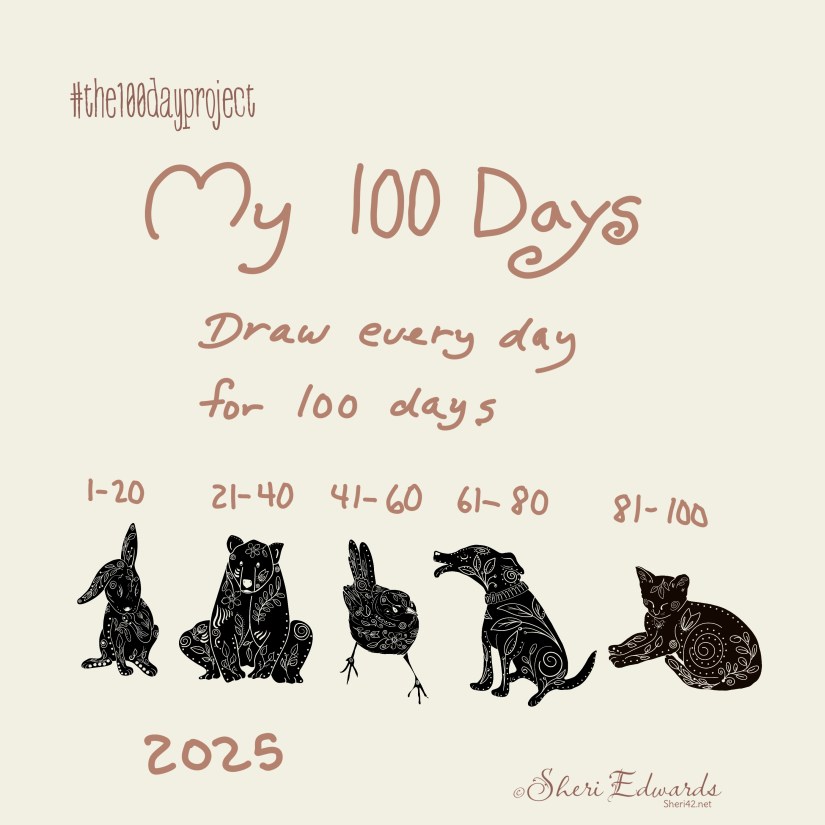 Title page for my 100 day project: 20 bunnies, 20 bears, 20 birds, 20 dogs, 20 cats