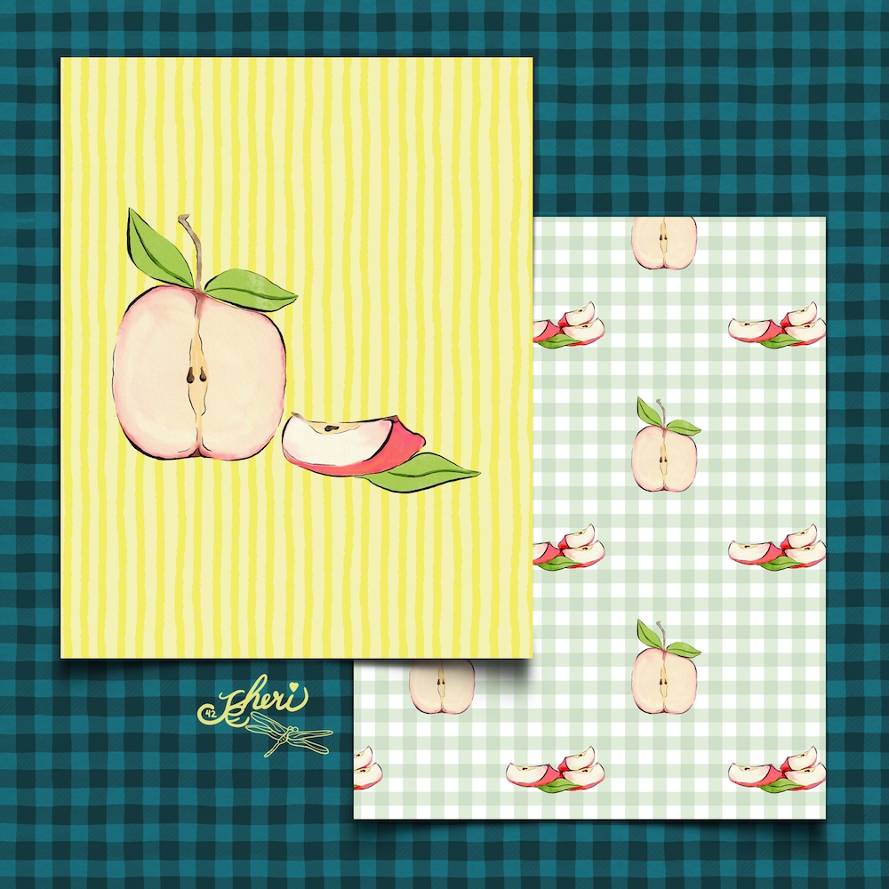 mock up of hero and pattern: apple and slice hero and pattern with both on gingham by Sheri42