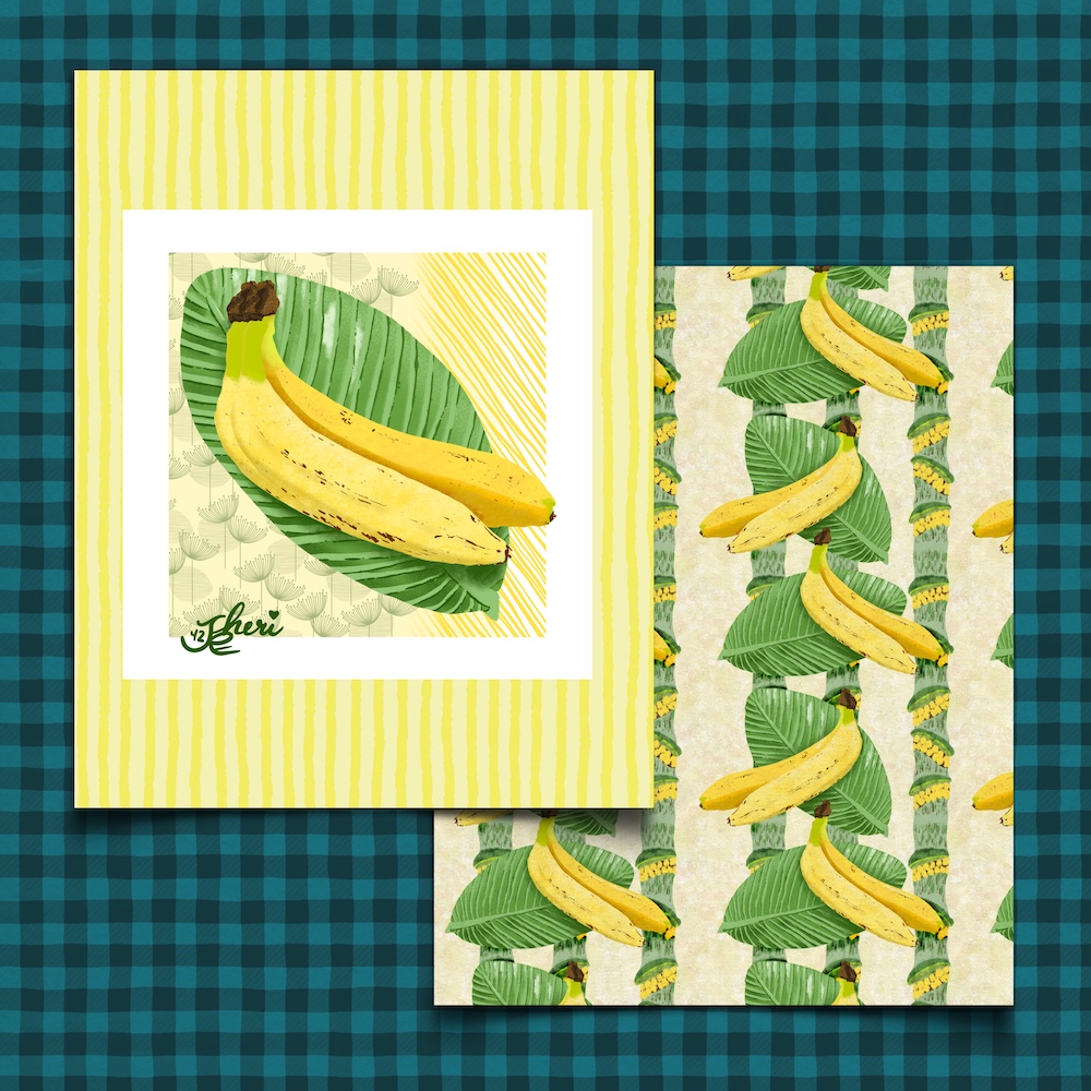 banana and leaves hero with pattern of bananas, leaves, and tree trunk by Sheri42