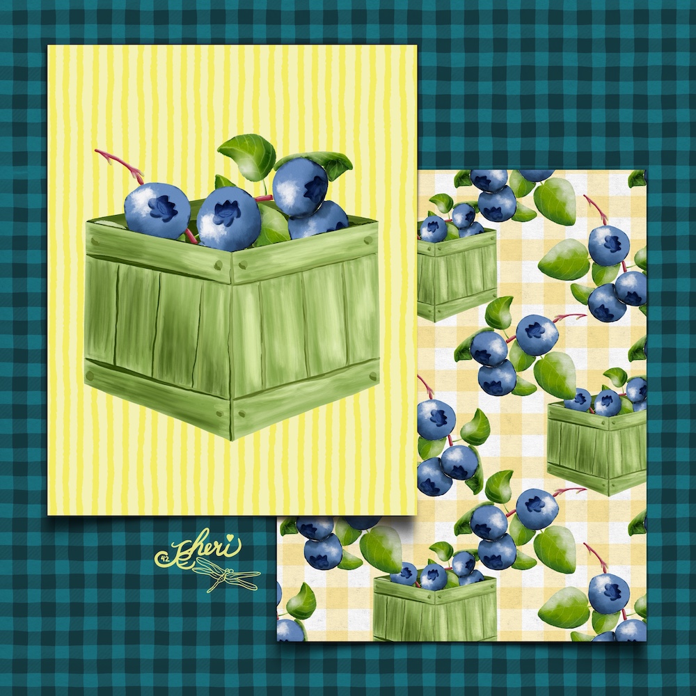 motif and pattern: blueberries in garden box; pattern with blueberries and the garden box on yellow gingham by Sheri42