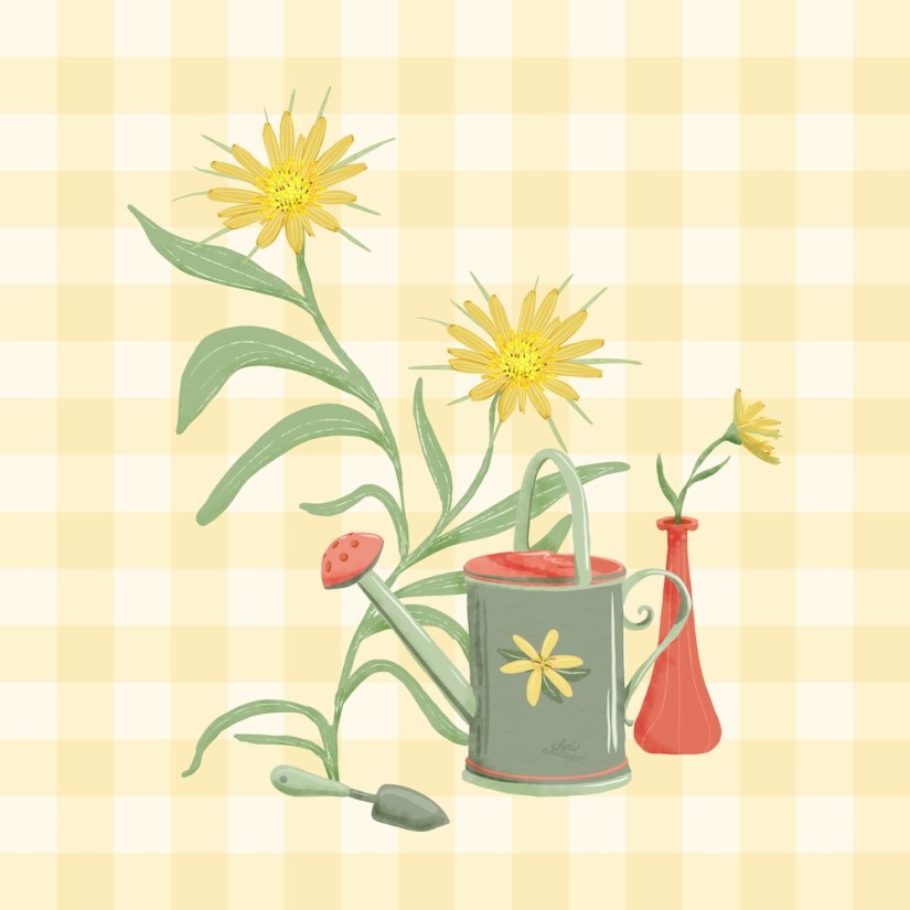 The wildflower Salsify with trowel, watering can, and vase hero illustration on yellow gingham by Sheri42