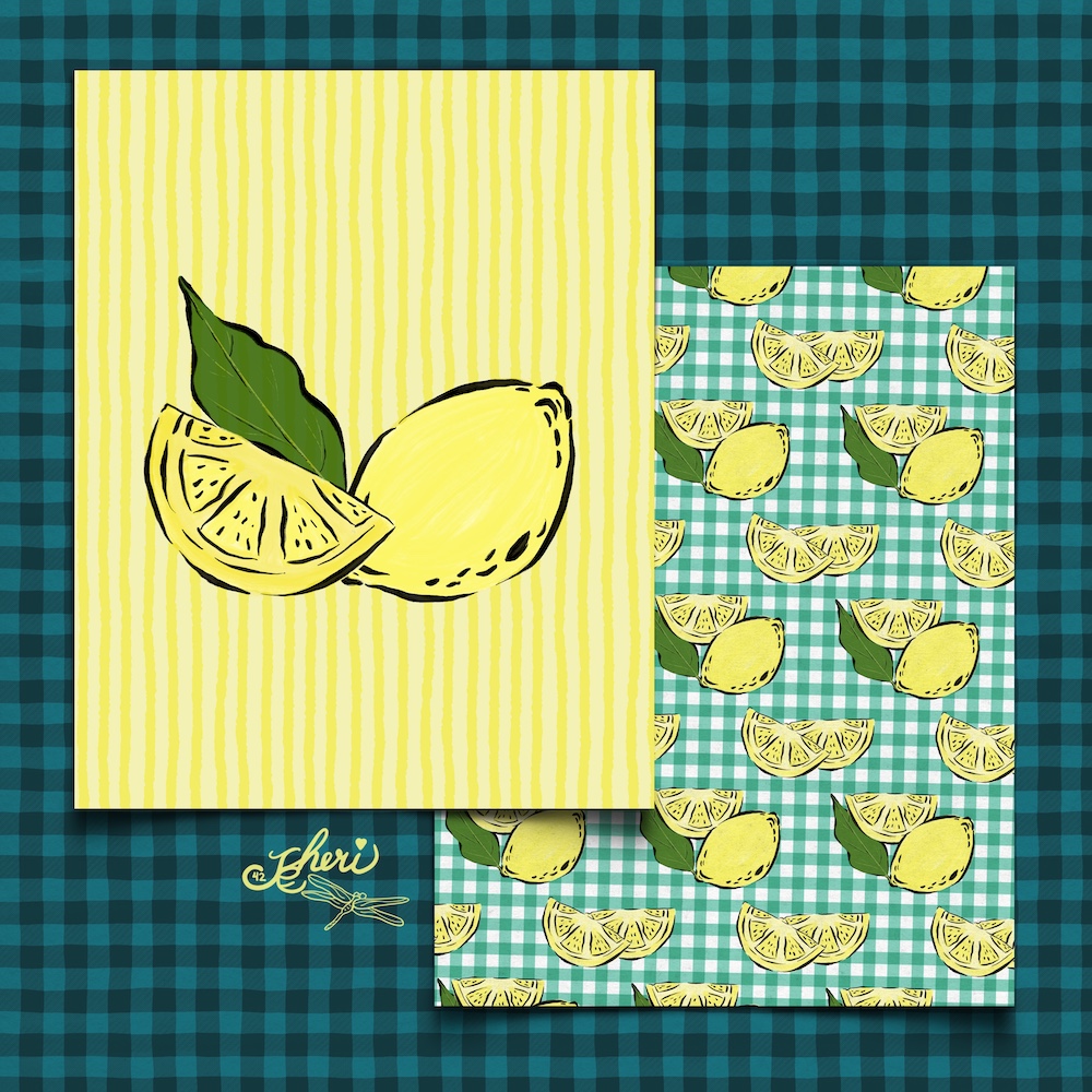 lemon and sliced lemon with leaf; that motif as pattern with just slices on teal gingham by Sheri42