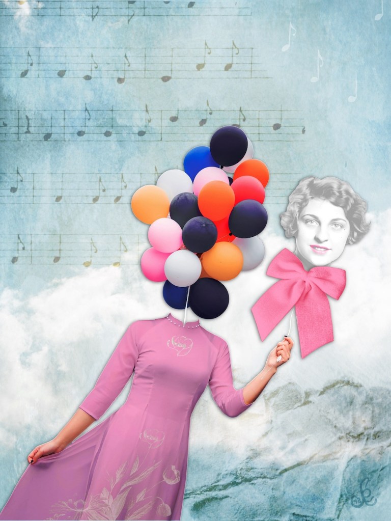 abstract cloudy day infused with musical notes as a balloon-headed women leads her balloon head through the dreamy sky... by Sheri42