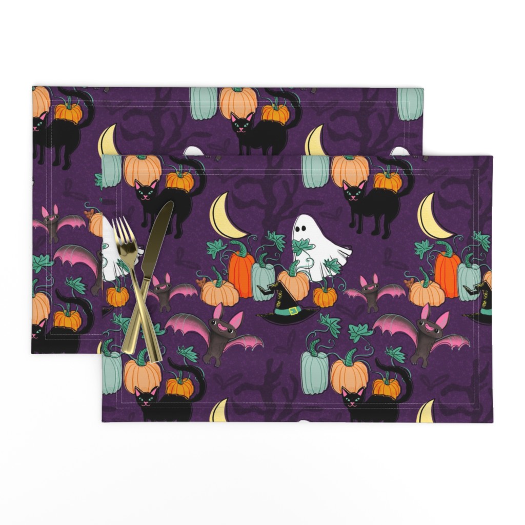 placemats with Halloween design of retro cats, bats, and witches hats by Sheri42