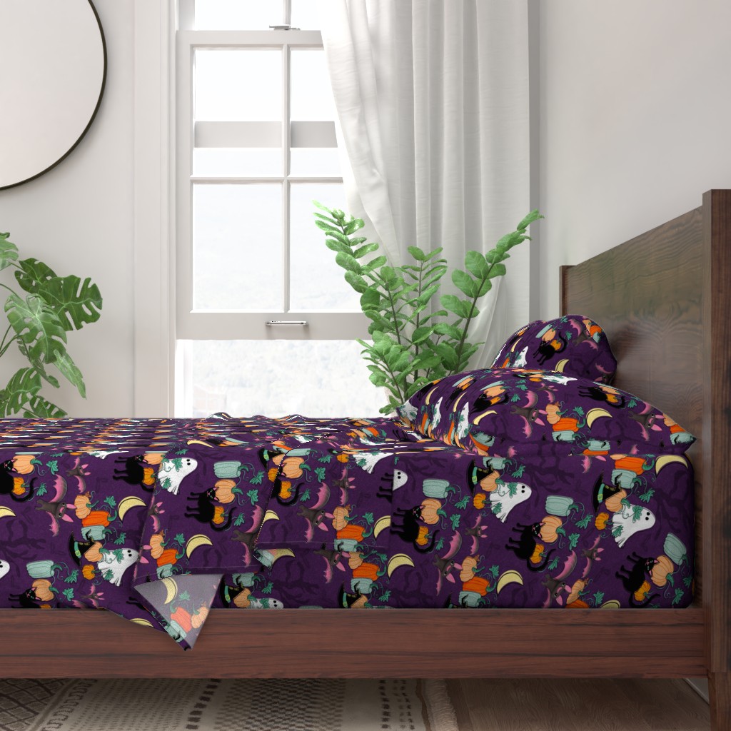bedding with Halloween design of retro cats, bats, and witches hats by Sheri42