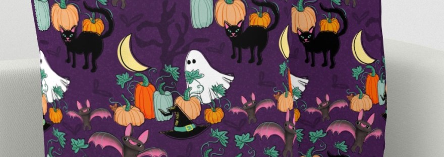 square pillow in retro Halloween design of cats, bats, witches hats by Sheri42