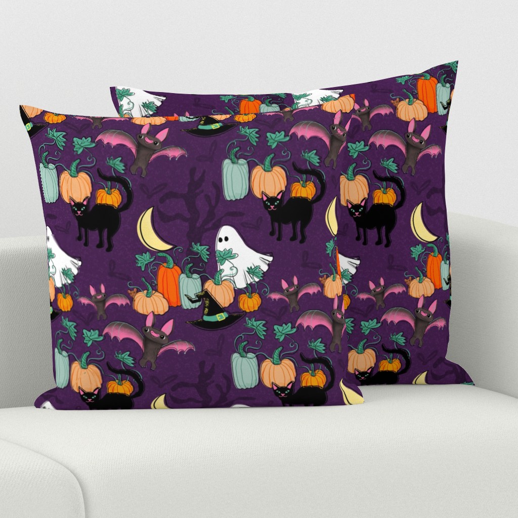 square pillow with Halloween design of retro cats, bats, and witches hats by Sheri42