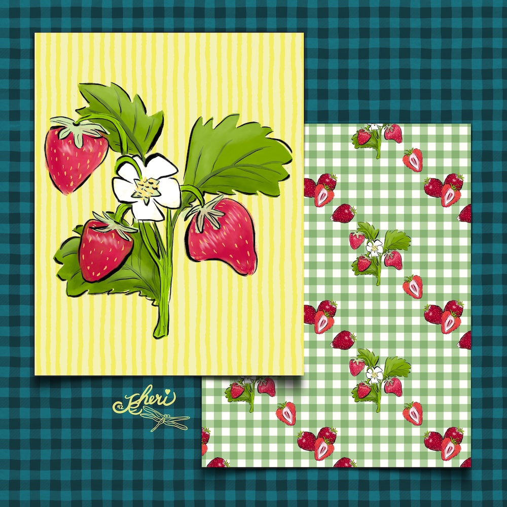 two motifs: hero strawberry leaves, fruit, flower and a pattern of hero and strawberries on gingham by Sheri42