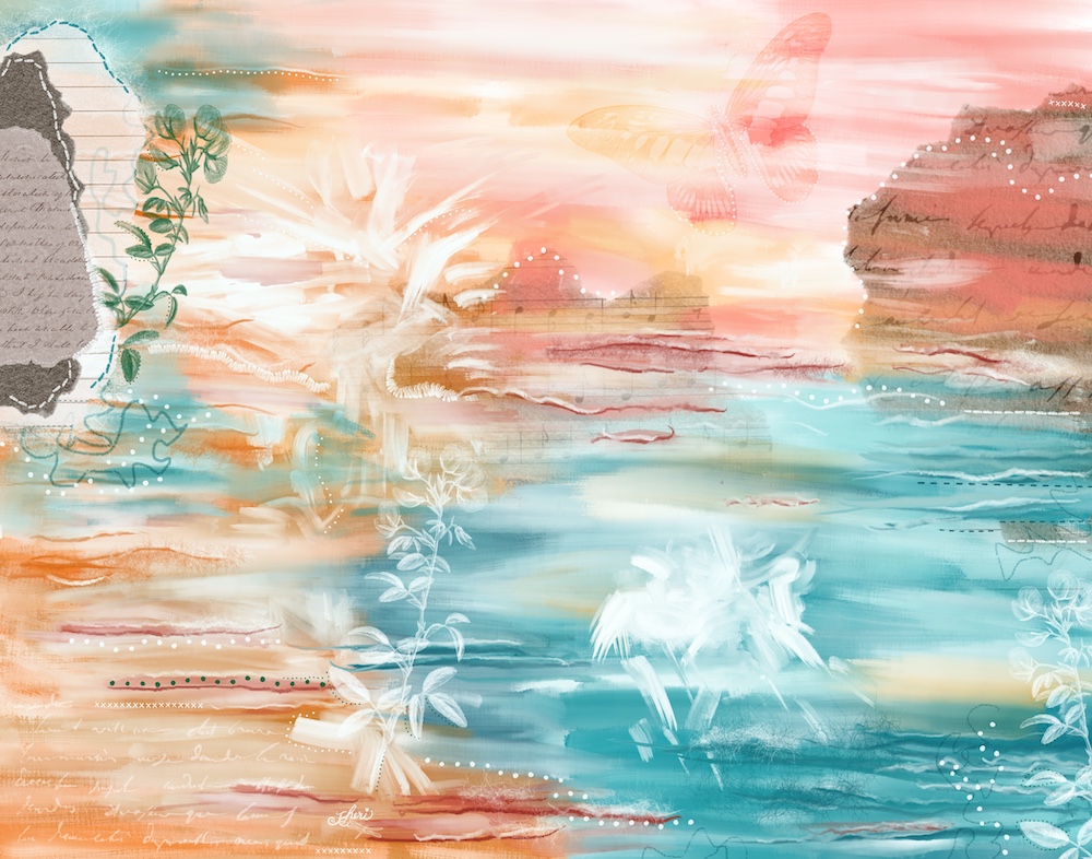 summer day on a sandy beach below the basalt cliffs surrounding Banks Lake with fish splashing and butterflies dancing as the writer imagines the scene... by Sheri42