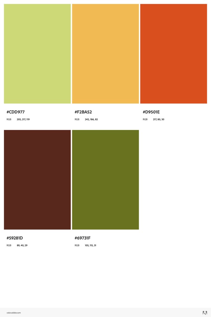 Far Out and Out of Sight 70s palette of avocado green, mustard yellow, burnt orange, and brown from adobe.color.com