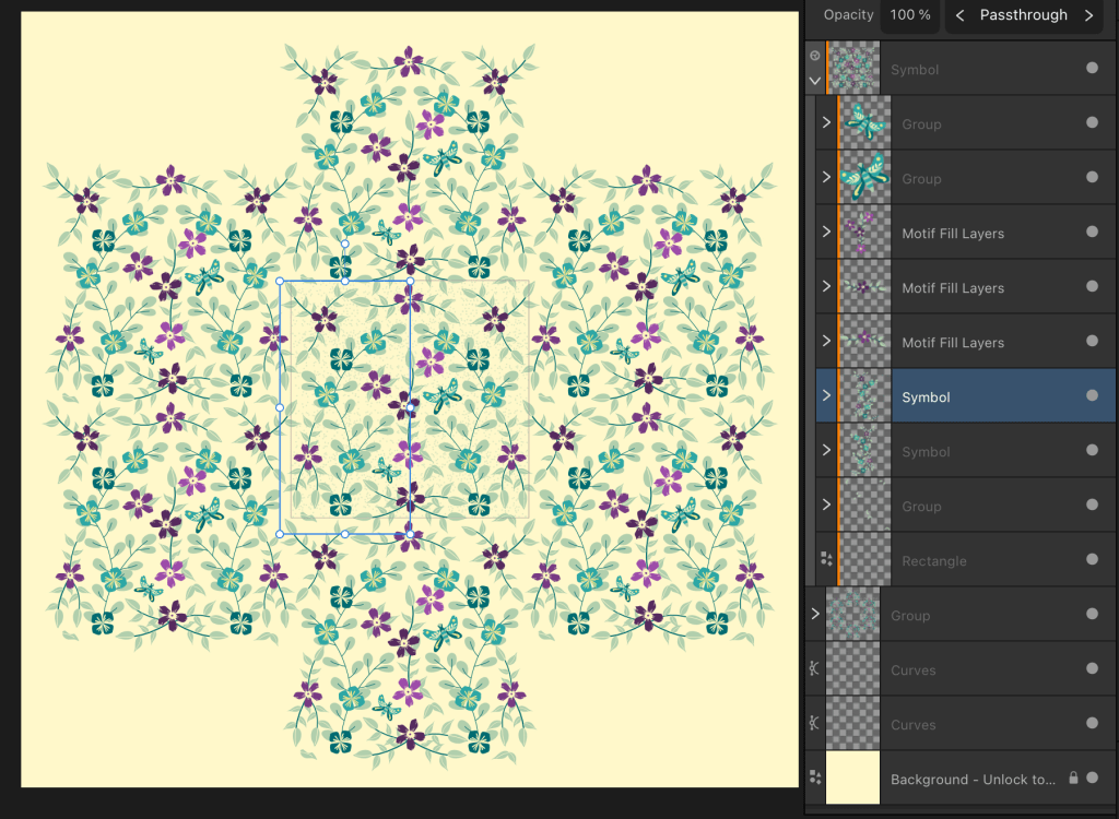 document showing the blue border of the reflective part of the basic pattern canvas, which is repeated  on the other side automatically, and around it in the other "symbol" canvases.