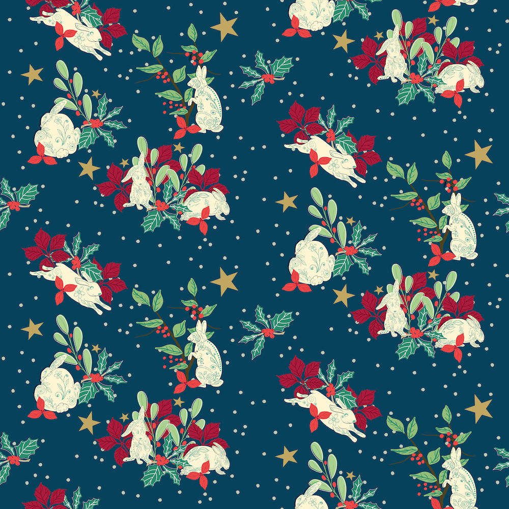 Folk Art Bunnies for Festive Bunnies winter holiday challenge by Sheri42 with poinsettia leaves, mistletoe, holly, berries, stars, snowfall