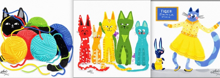 three art projects from Terry Runyan classes: Cat with Yarn; Cat Rainbow; Tiger Dance Studio