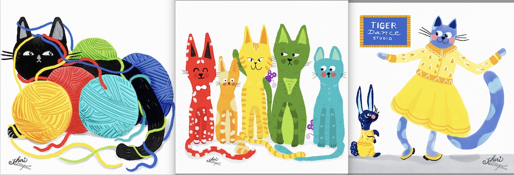 three projects by Sheri42: cat yarn, cat rainbow, tiger dance studio