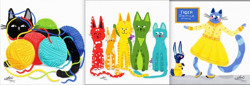 three art projects from Terry Runyan classes: Cat with Yarn; Cat Rainbow; Tiger Dance Studio