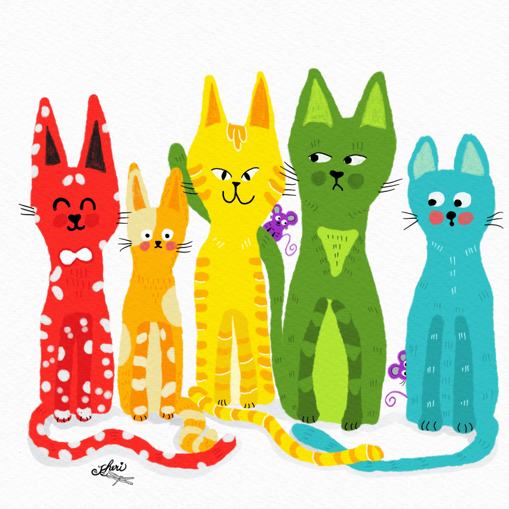 Cat Rainbow: a diversity of cats with two mice by Sheri42