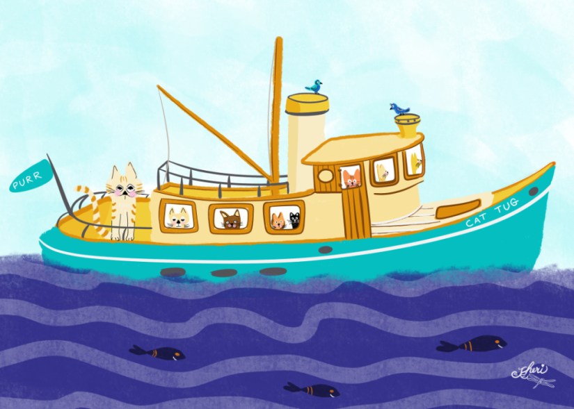 cats purring along on a tug boat with fish in the water and birds on the pipes by Sheri42