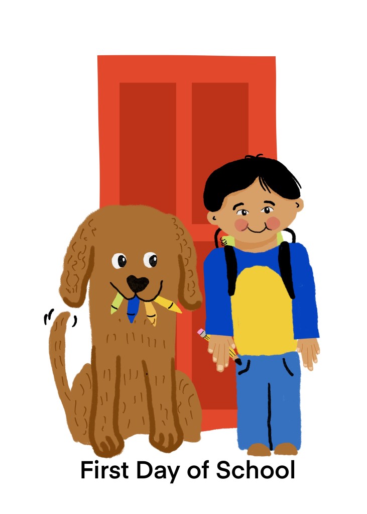 First Day of School: at the front door, boy with dog, both with school supplies by Sheri42