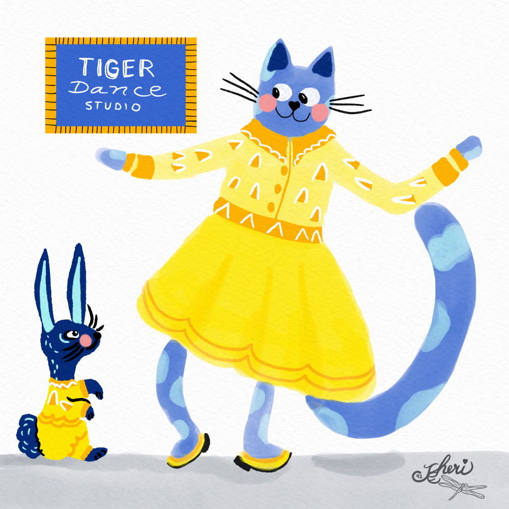 Tiger Dance Studio -- with cat teaching rabbit to dance; they have similar yellow costumes by Sheri42
