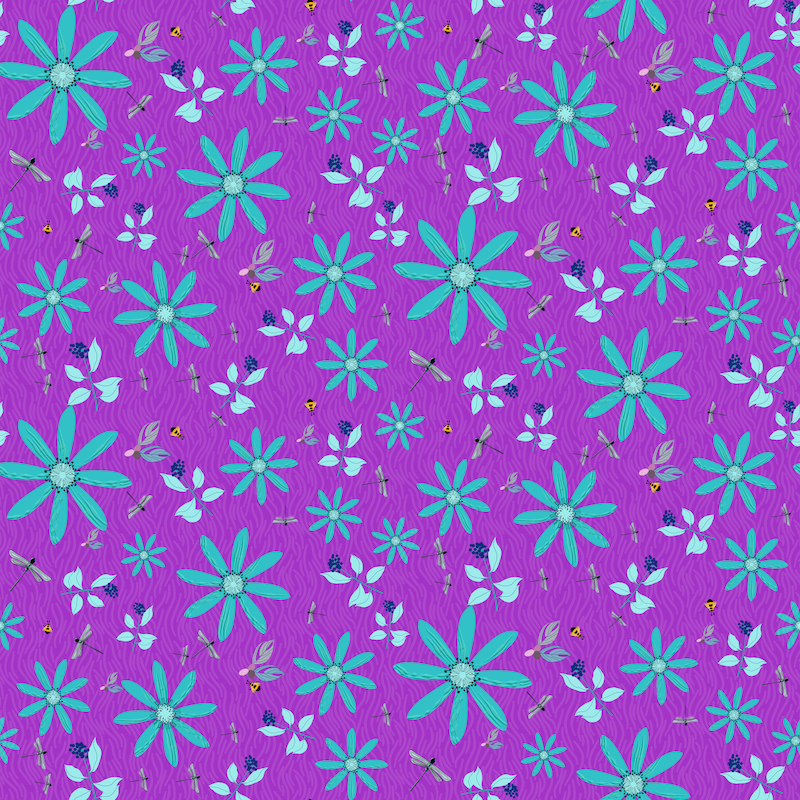 another toss pattern in teal, yellow, and purple with flowers, bees, and dragonflies by Sheri42