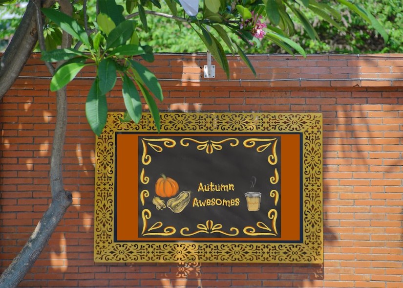 Mockup on sign on brick wall: Autumn Awesomes: squash, pumpkins and pumpkin coffee surrounded by swirl ornamentals by Sheri42