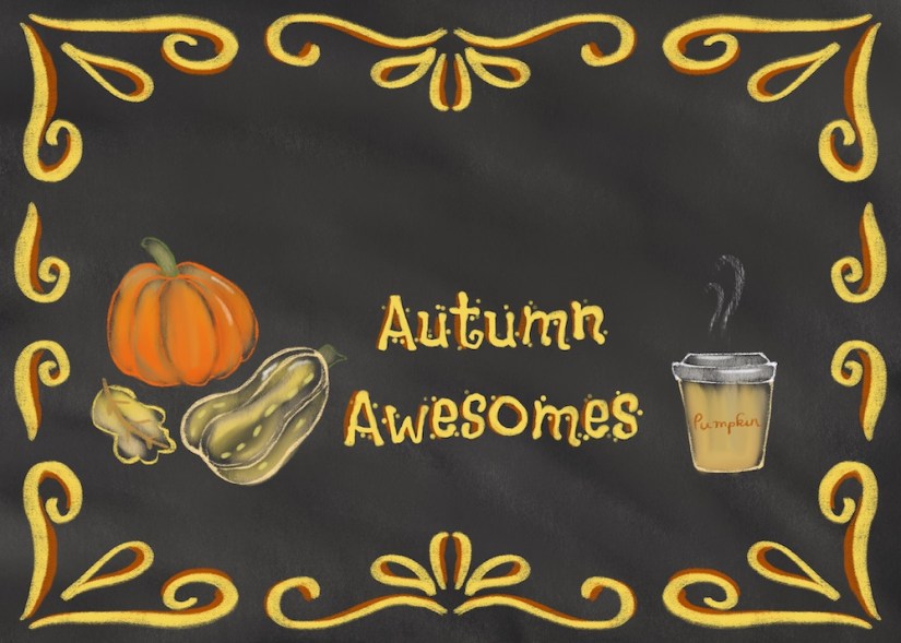 Autumn Awesomes: squash, pumpkins and pumpkin coffee surrounded by swirl ornamentals by Sheri42