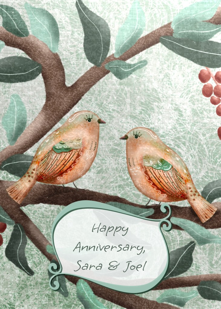 Family Greeting Card: Two folk art birds in berry bush by Sheri42