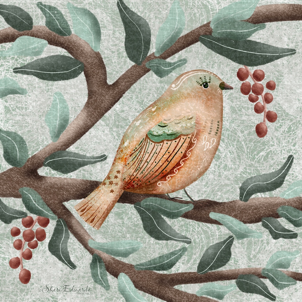 folk art bird in berry bushby Sheri42