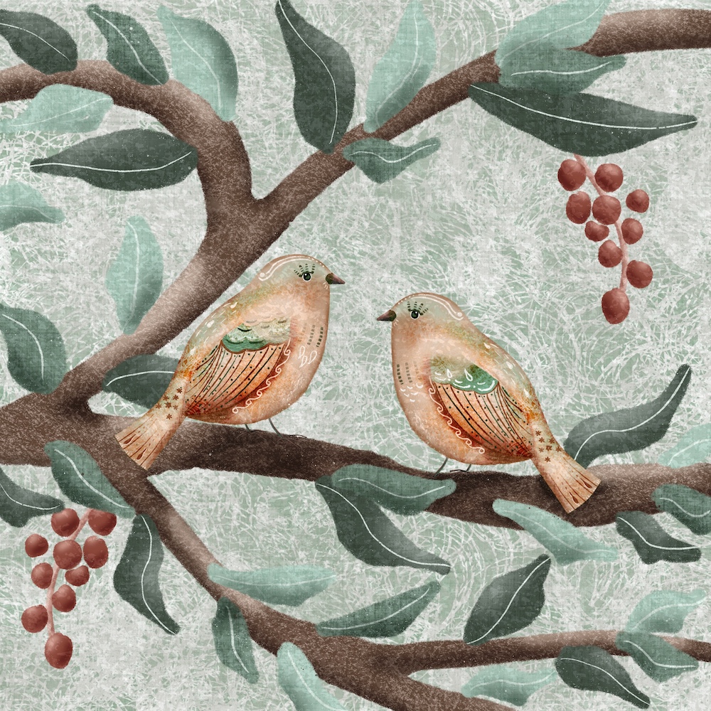Two folk art birds in berry bush by Sheri42