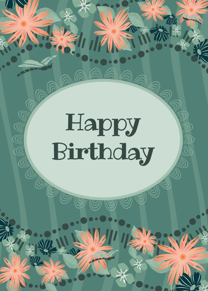 Blooms of peachy florals say "Happy Birthday" on teal striped background by Sheri42