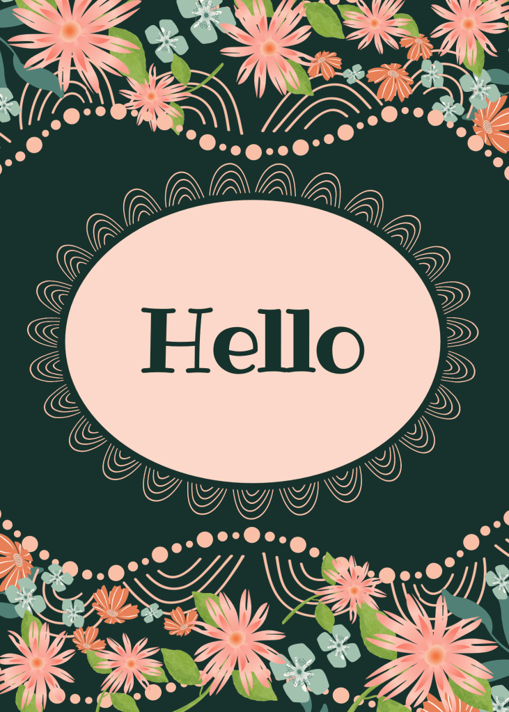 Blooms of peachy florals say "Hello" on dark teal background by Sheri42