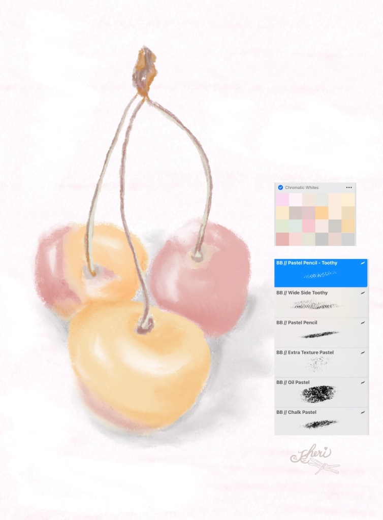 Still Life Cherries Pastels by Sheri42 with palette and brushes