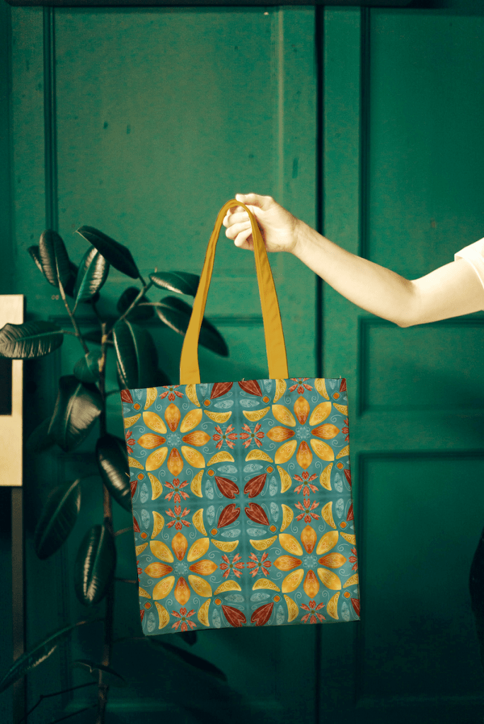 Tote bag mockup of watercolor tile by Sheri42