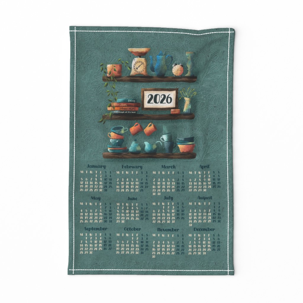 my friend Gaby's 2026 tea towel calendar of tea shelves