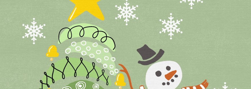 Prompt "Hello December" a midcentury style theme of tree, present, snowman, squirrel by Sheri42