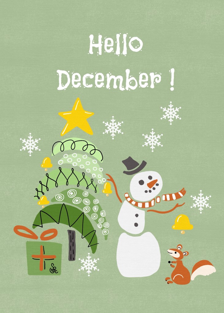 Prompt "Hello December" a midcentury style theme of tree, present, snowman, squirrel by Sheri42