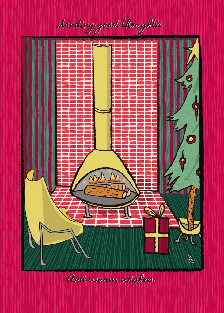 flickering fireplace "Sending good thoughts and warm wishes" by Sheri42 midcentury style