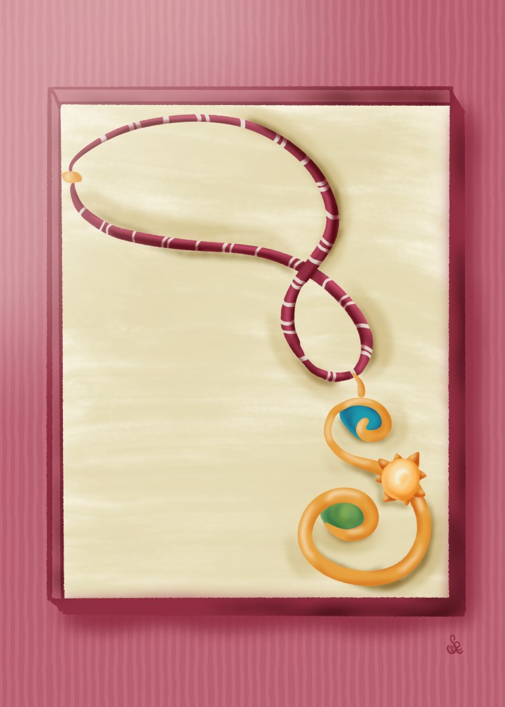 prompt of home made gift; illustration of corded necklace with gold s curve holding sun in center and blue topaz at top with emerald below in curves by Sheri42