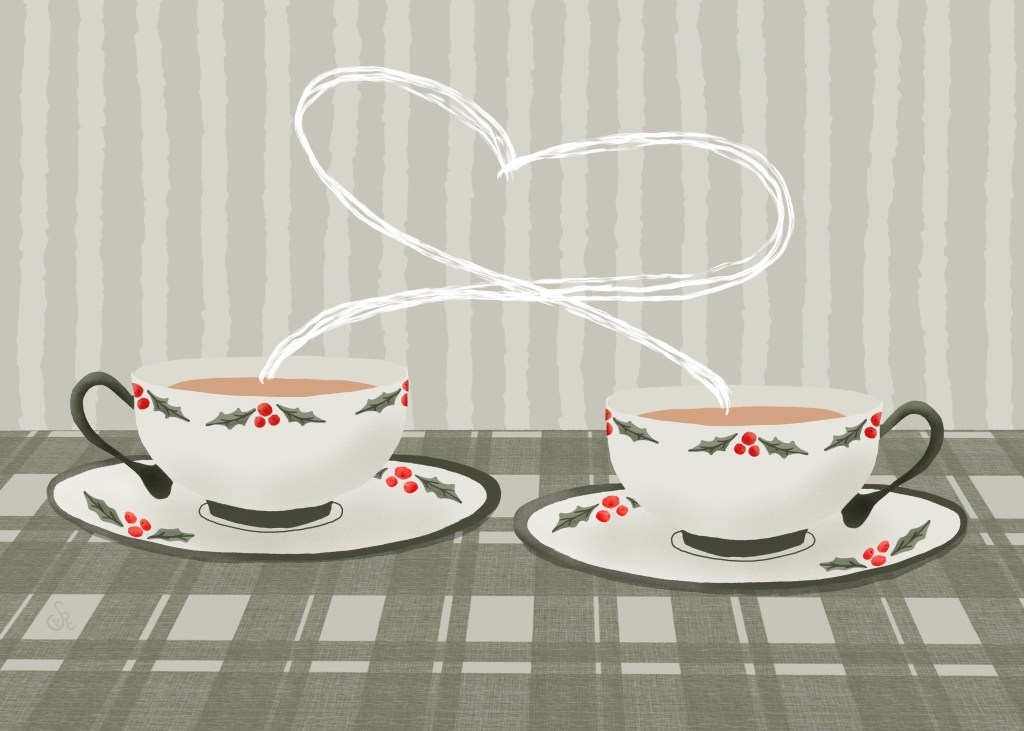 hot tea in holly tea cups with steam forming heart by Sheri42