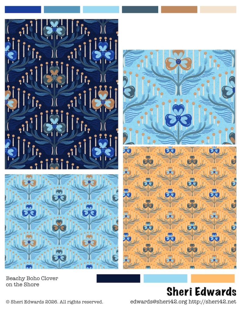 Tear sheet of Beachy Boho Clover on the Shore; scallop design; in blues, creams, orange by Sheri42